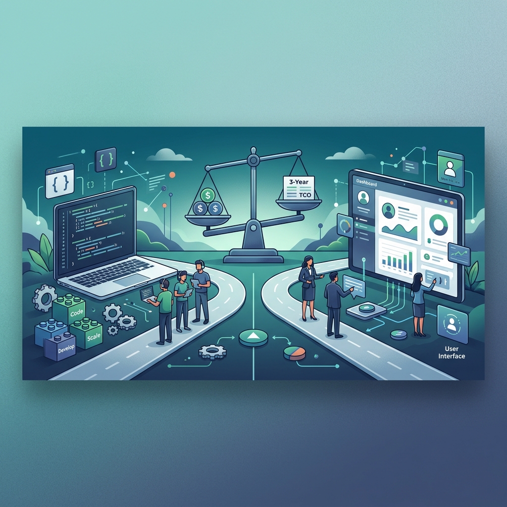 Build vs buy HR tech comparison — two paths with code vs SaaS dashboard