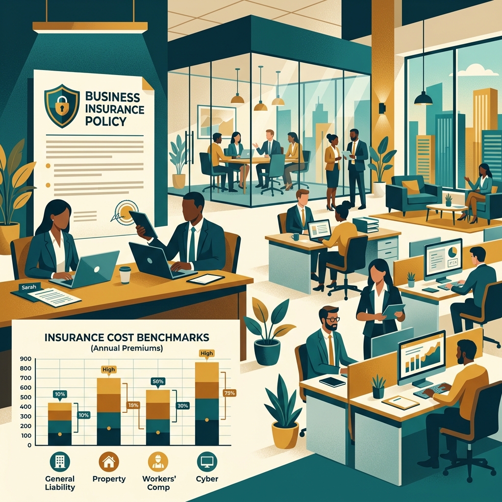 Business insurance policy document and cost benchmark chart in office setting