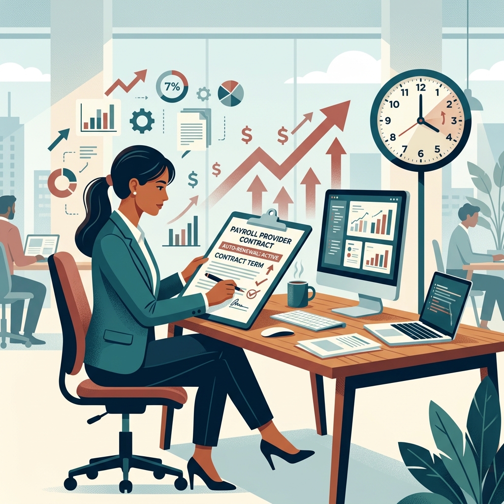 HR professional reviewing an auto-renewal payroll contract with rising costs